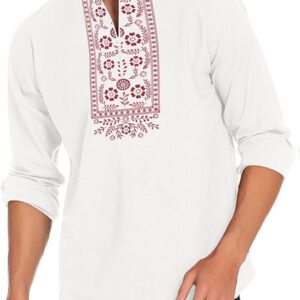 COOFANDY Men’s Henley Shirt Vyshyvanka Long Sleeve African Print Shirts Casual Zip Up Cotton Linen Beach Hippie Shirt