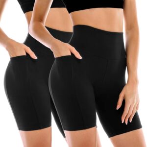 Leafigure 2 Pack Womens Biker Shorts with Pockets, High Waisted Tummy Control Yoga Shorts for Women Running Gym and Workout