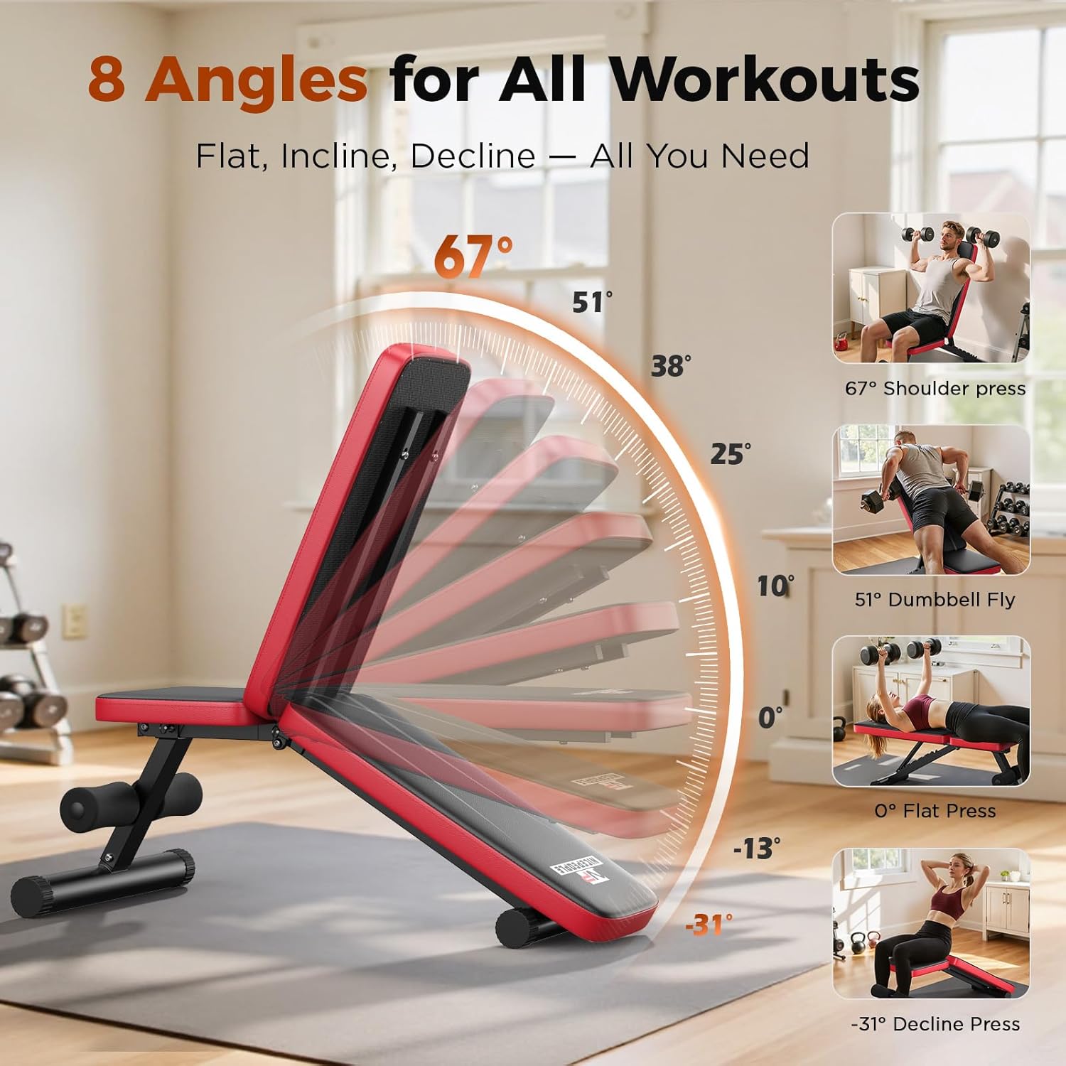 NICEPEOPLE Adjustable Weight Bench for Home Gym, 660LBS Capacity Workout Bench with 8 Backrests for Chest Shoulders Arms, Compact and Foldable Strength Bench for Small Space Apartment Room - Image 3