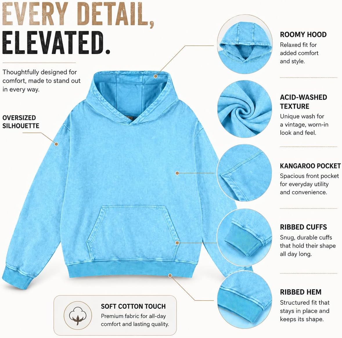 Authentic Acid Wash Hoodie 100% Cotton Oversize, 430gsm Heavyweight Vintage Pullover - Image 4