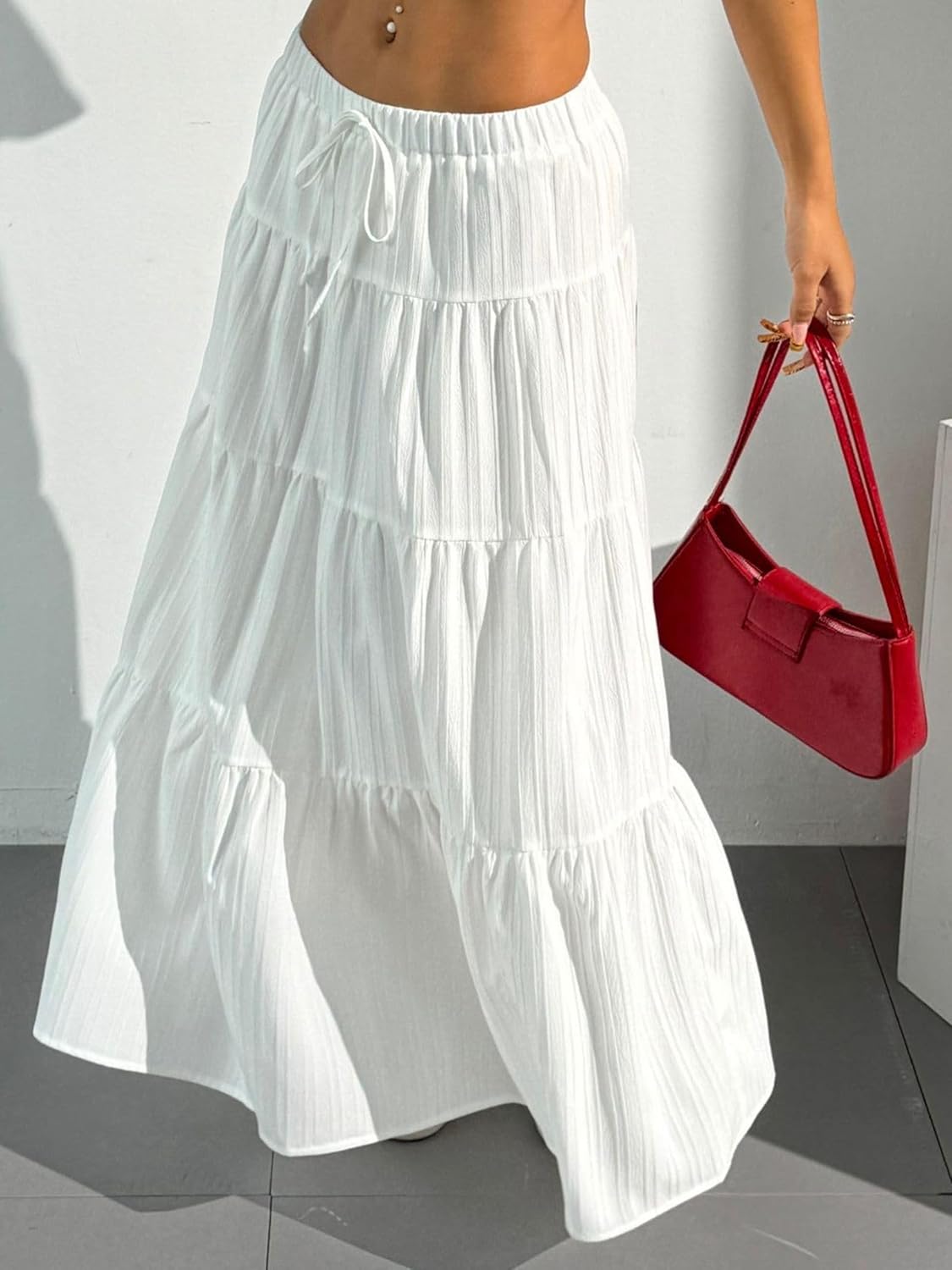 DERAX Women's Boho Flowy White Maxi Skirt Flared Ruffle Elastic Waist Summer A Line 2026 Spring Long Skirts - Image 3