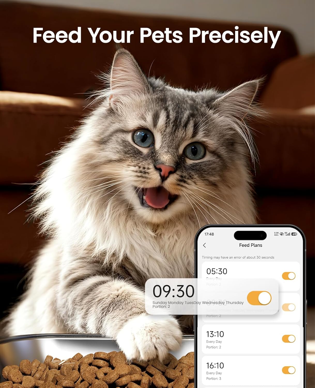 oneisall Automatic Cat Feeder with 5G WiFi, Automatic Cat Food Dispenser for 2 Cats Small Pets, 20 Cups/5L Timed Dry Food Dispenser with App Control - Image 4