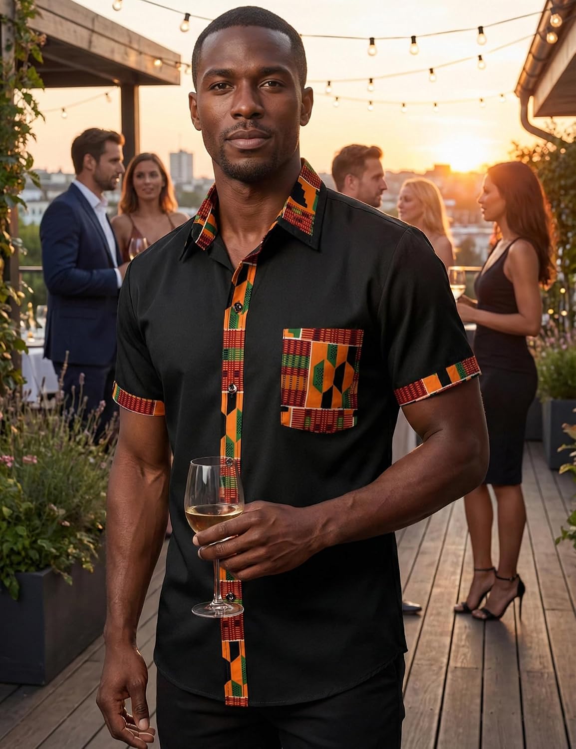 LucMatton Men's Kente Print Short Sleeve Button Down Dress Shirt African Attire Tribal Graphic Dashiki Shirts - Image 2