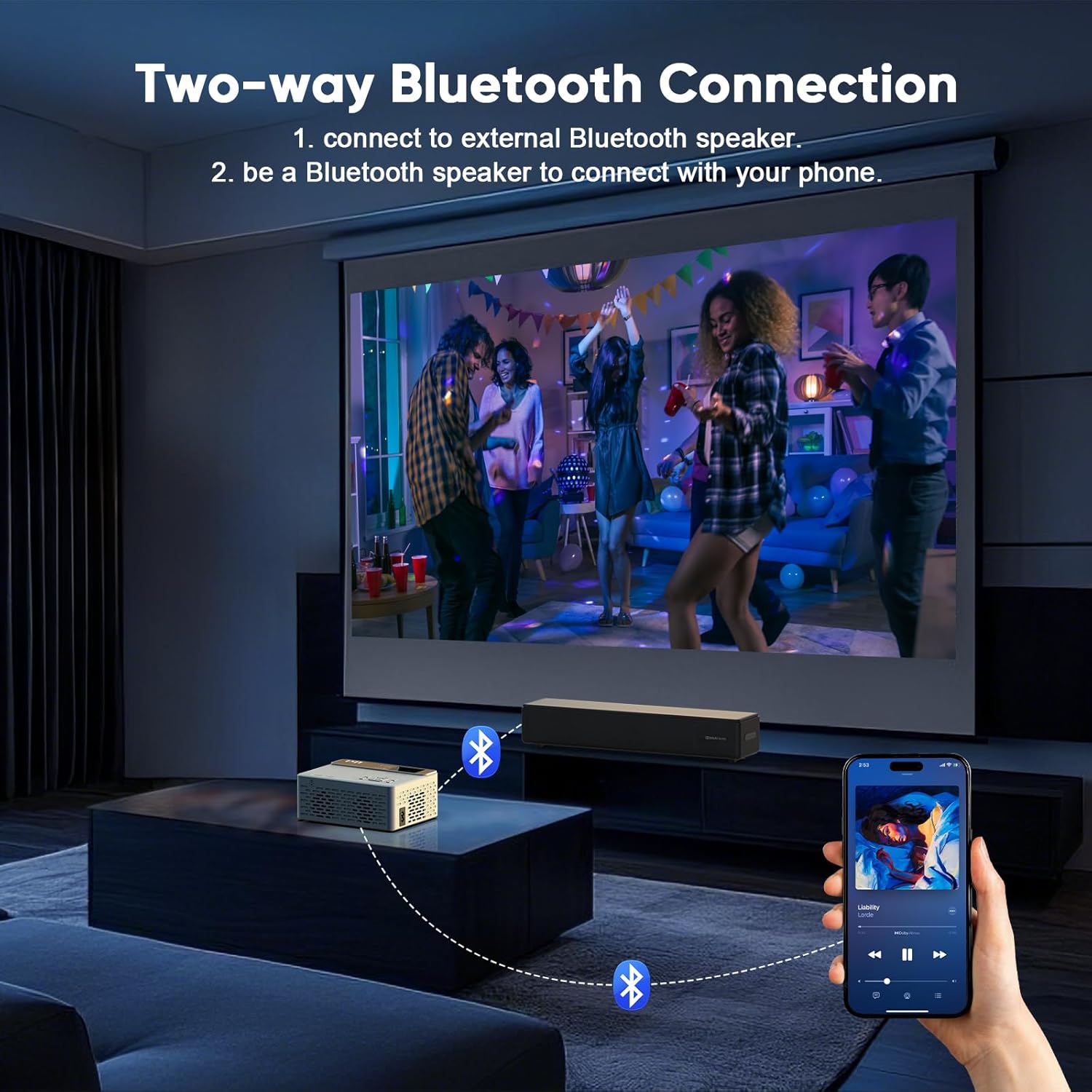 TMY 1080P Full HD Portable Mini Projector, Bluetooth Movie Projector, Compatible with TV Stick/Smartphone/PC/Game Console/HDMI/USB, Indoor & Outdoor Use, with Projector Screen - Image 3
