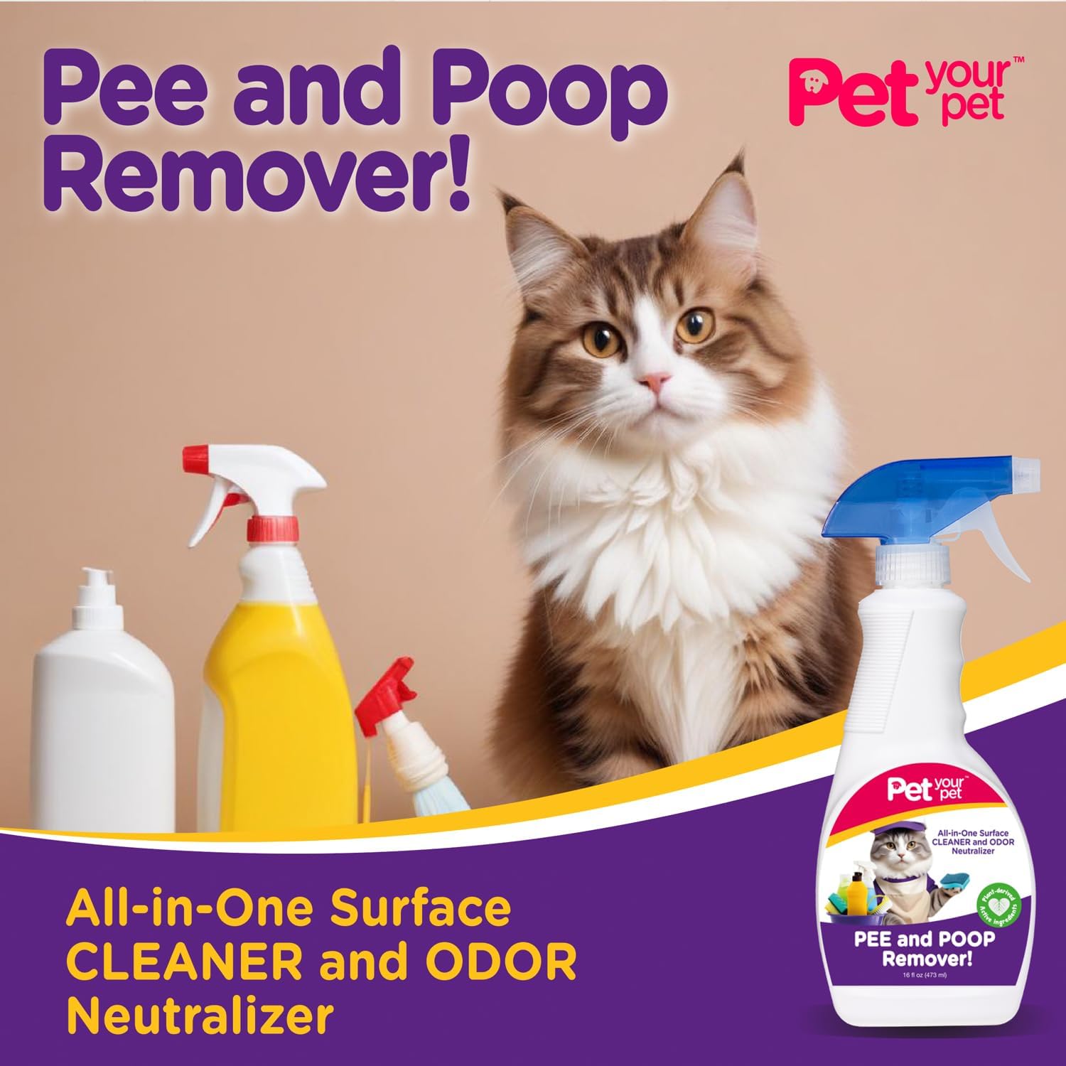 Cat Pee and Poop Remover 16 fl Oz – All-in-One Pet Stain and Odor Remover with Plant-Derived Ingredients – Stain and Odor Removers for Upholstery, Carpets & Hard Floors - Image 2