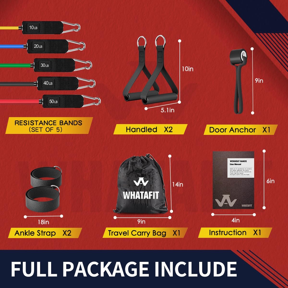 WHATAFIT Resistance Bands, Exercise Bands, Workout Bands with Handles, Door Anchor and Ankle Straps, 5 Resistance Levels Fitness Bands for Strength Training, Physical Therapy, and Home Gym Equipment - Image 2