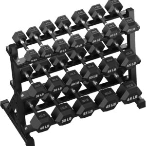 HANDBODE Hex Dumbbell Set with Rack, 480-690 lb, Non-Slip Rubber Grip Handles, Rubber Coated Fixed Weights, Heavy Duty Storage Stand, Hexagon Shape, Multiple Weight Options for Home Gym Strength Training
