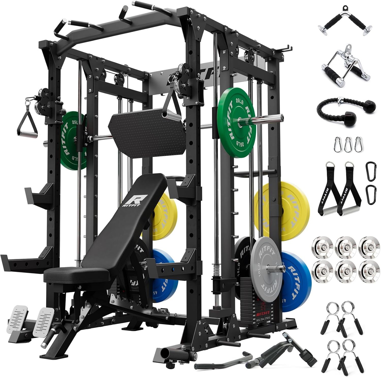 RitFit Buffalo Smith Machine Package, All-in-One Power Cage with Weight Stack , Power Rack with Cable Crossover & Leg Press Attachment for Home Gym