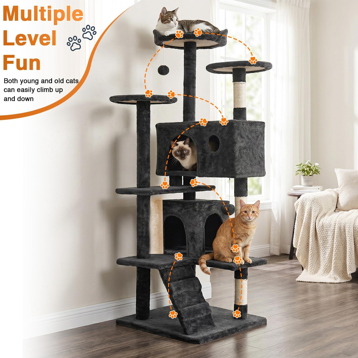 FDW | 54" Cat Tree Tower | Dark Gray | Multi-Level Indoor Activity Center with Sisal Scratching Posts, Condos, Plush Perches, Hanging Cat Toys | Sturdy, Easy to Assemble | for Kittens & Adult Cats - Image 2