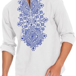 COOFANDY Men’s Henley Shirt Vyshyvanka Long Sleeve African Print Shirts Casual Zip Up Cotton Linen Beach Hippie Shirt