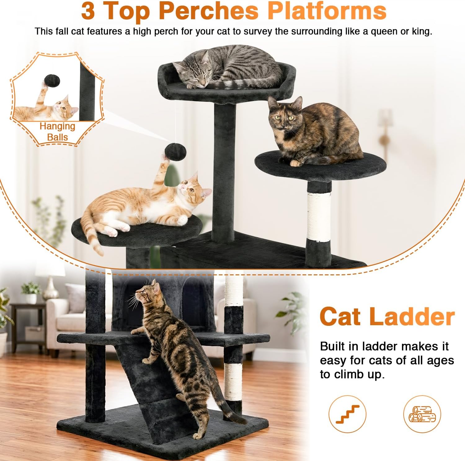 FDW | 54" Cat Tree Tower | Dark Gray | Multi-Level Indoor Activity Center with Sisal Scratching Posts, Condos, Plush Perches, Hanging Cat Toys | Sturdy, Easy to Assemble | for Kittens & Adult Cats - Image 4