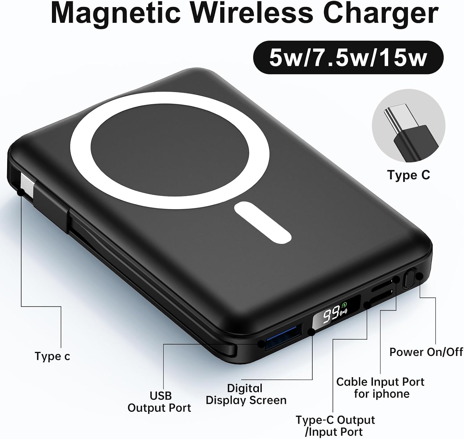 for Magsafe Power Bank, 10000mAh Magnetic Power Bank with USB-C Cable and PD 20W USB C Fast Charging LED Display, Wireless Portable Charger for iPhone 17/16/15/14/13/12/Pro/Pro Max - Image 4