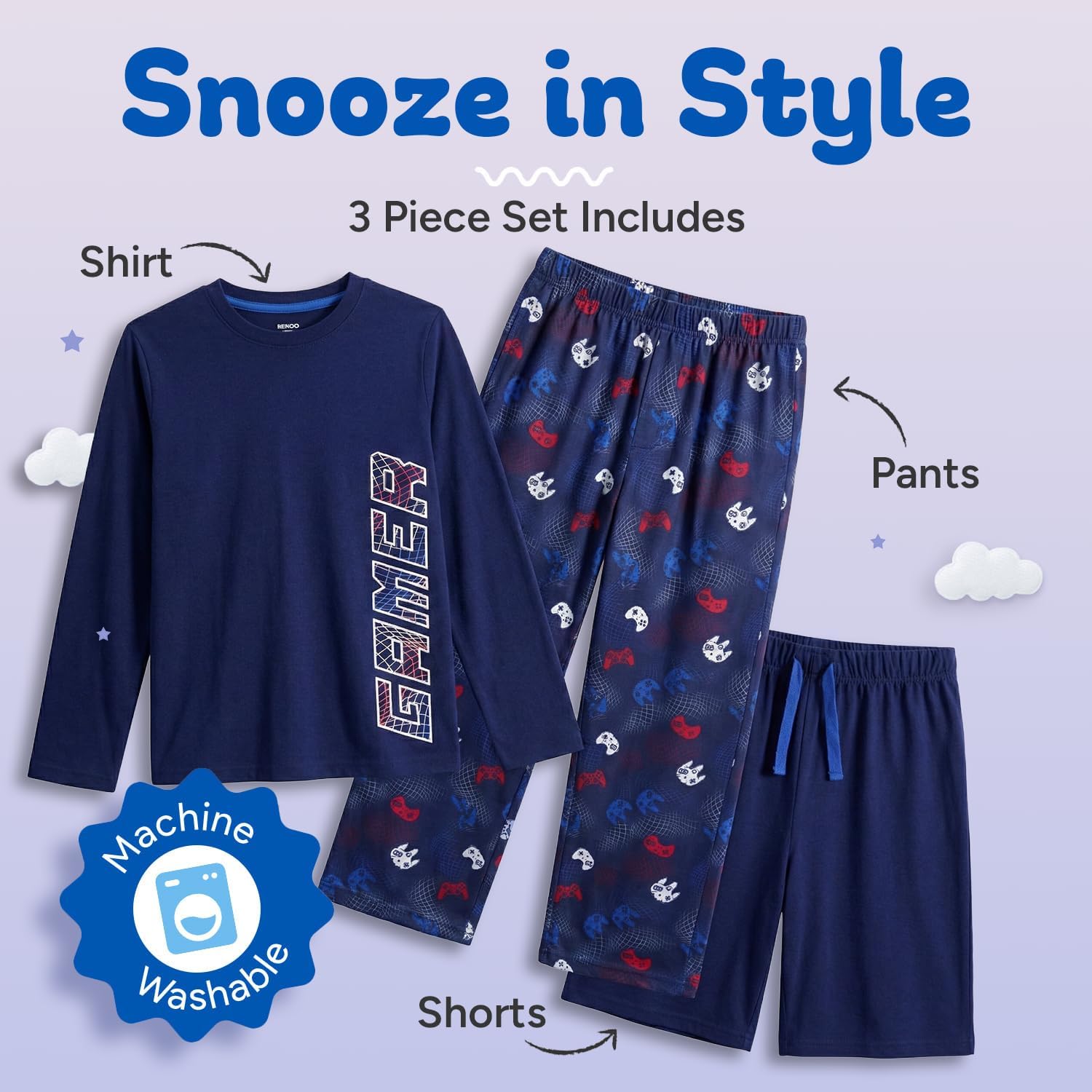 US Angels Boys Pajamas Set | 3-Piece Pant, Shirt, Shorts Sleepwear Pjs for Kids | Loose Fit, Soft, Breathable Blue Plaid - Image 3