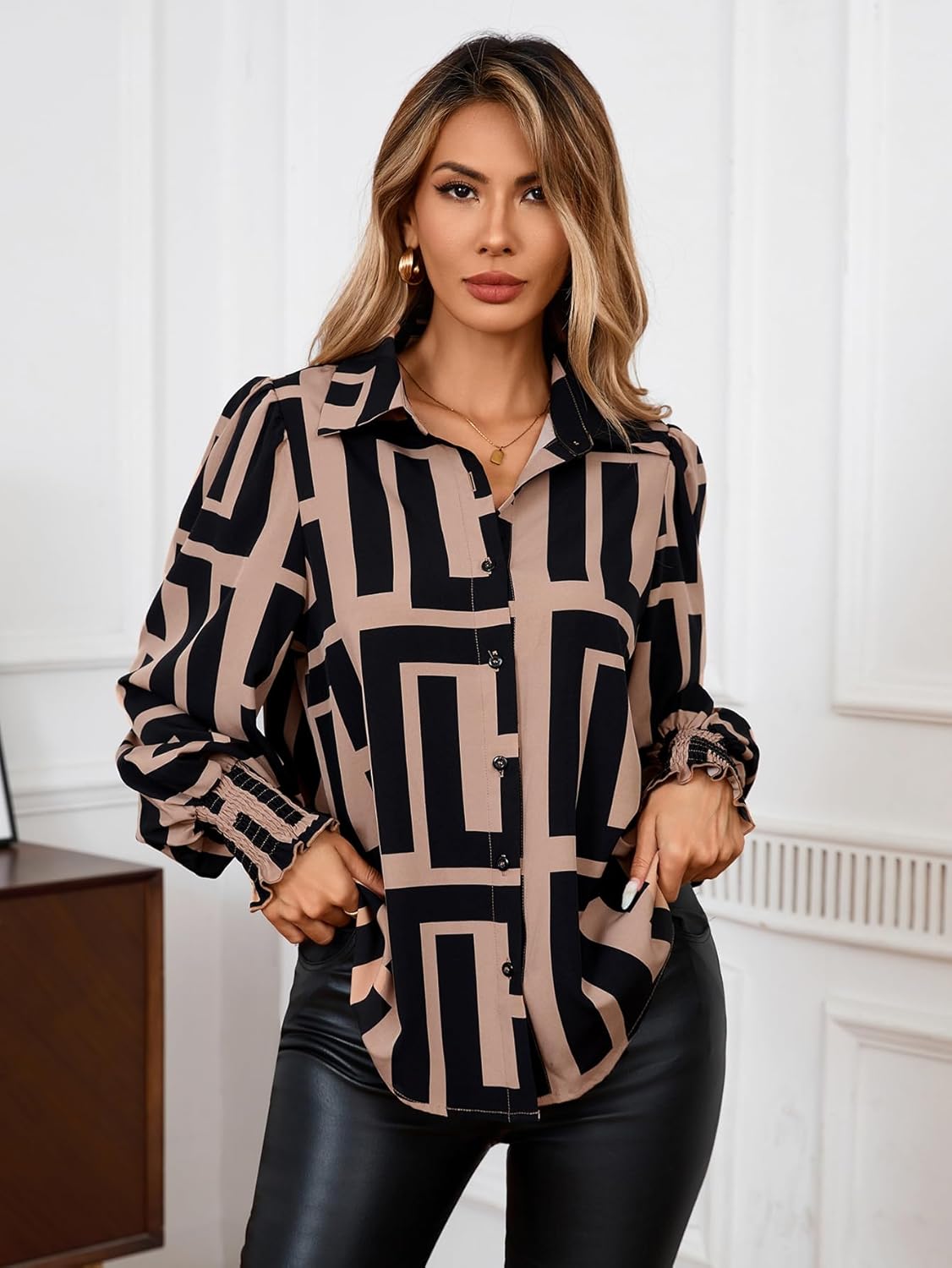 SweatyRocks Women's Graphic Print Long Lantern Sleeve Collar Neck Button Front Blouse Shirt Top - Image 4