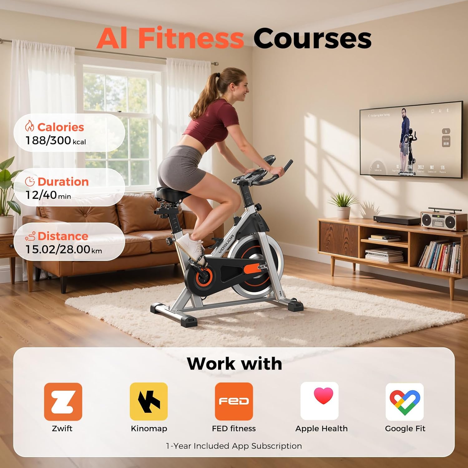 YOSUDA Exercise Bike, Brake Pad Stationary Bike for Home with Exclusive App, Magnetic Indoor Cycling Bike with 300 lb Weight Capacity, Low Noise, Tablet Holder and Fitness Courses for Weight Loss - Image 6