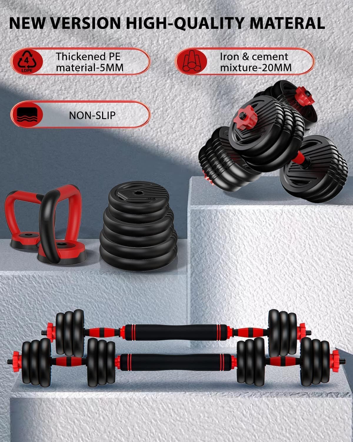Adjustable Dumbbells, 20/30/45/70/90lbs Free Weight Set with Connector,5 in1 Dumbbells Set Used as Barbell,Kettlebells,Push up Stand,Fitness Exercises for Home Gym Suitable Men/Women - Image 8