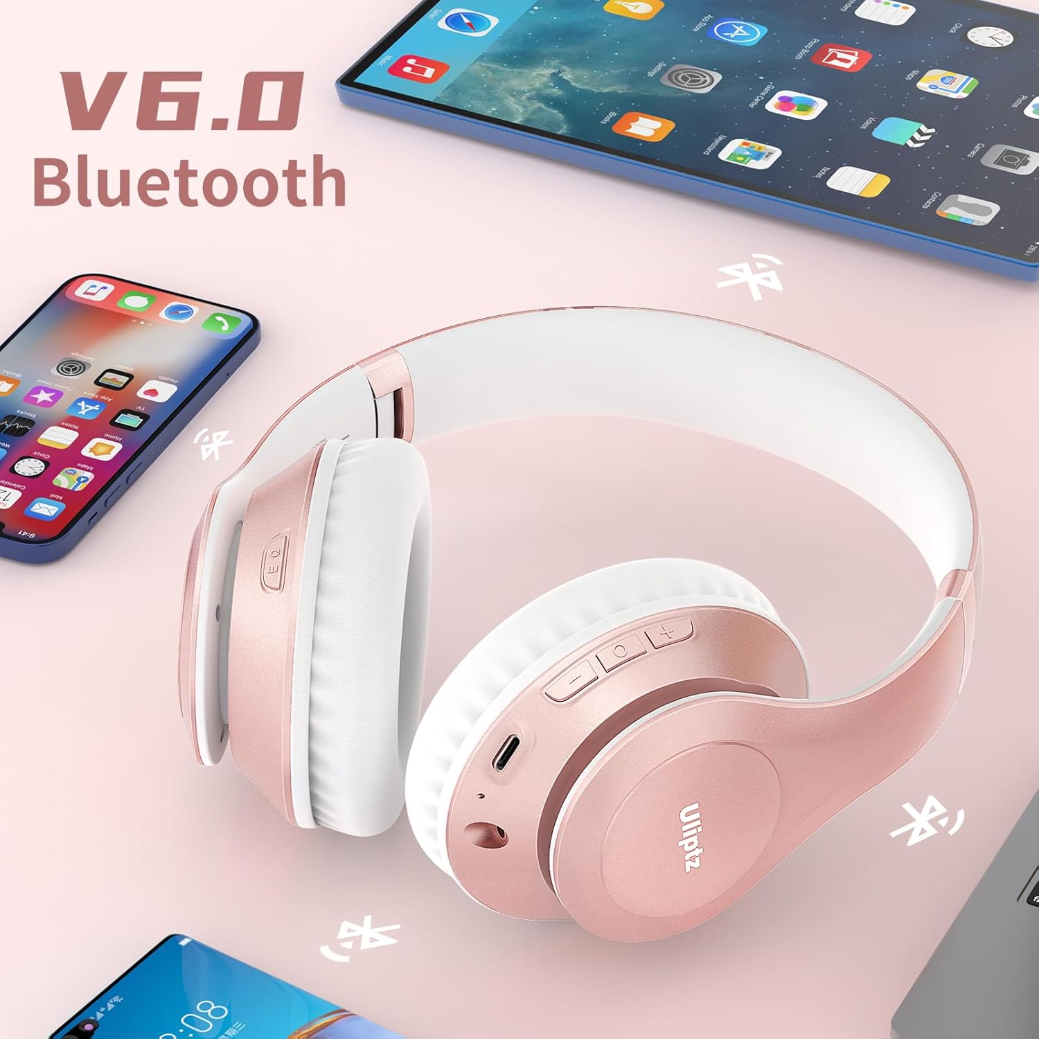 Uliptz Wireless Bluetooth Headphones, 65H Playtime, 6EQ Sound Modes, HiFi Stereo Over Ear Headphones with Microphone, Foldable Bluetooth 6.0 Headphone for Travel/Office/Cellphone/PC (Rose Gold) - Image 3