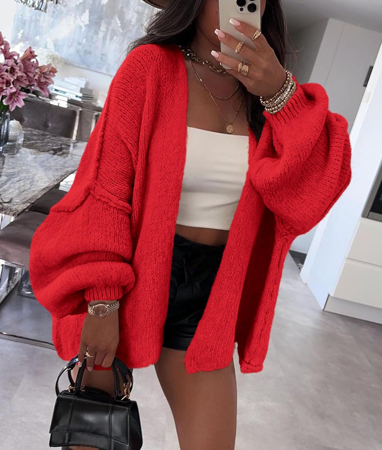 PRETTYGARDEN Womens Oversized Cardigan Sweaters 2026 Fall Long Lantern Sleeve Knit Open Front Lightweight Sweater - Image 8
