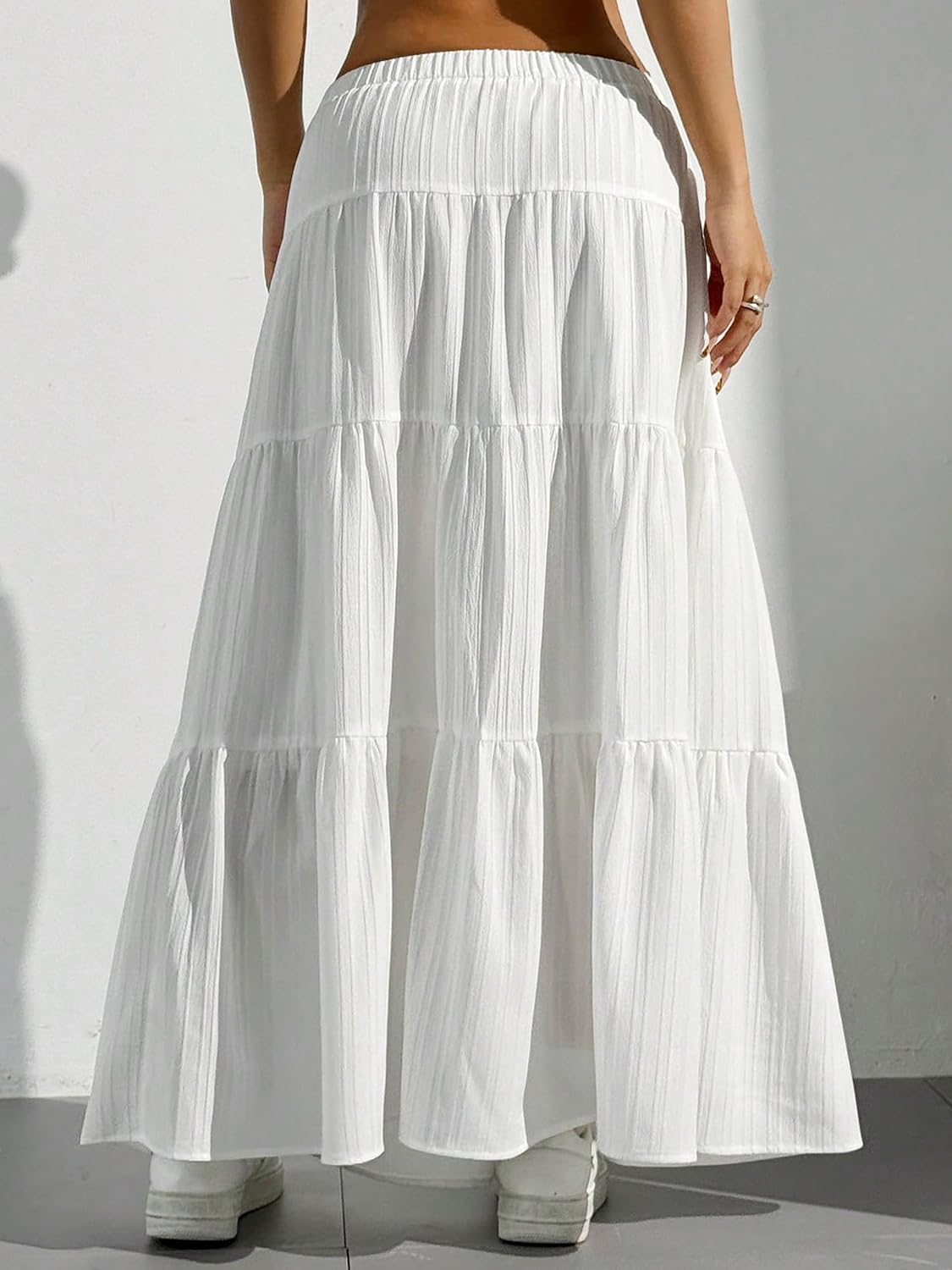 DERAX Women's Boho Flowy White Maxi Skirt Flared Ruffle Elastic Waist Summer A Line 2026 Spring Long Skirts - Image 2
