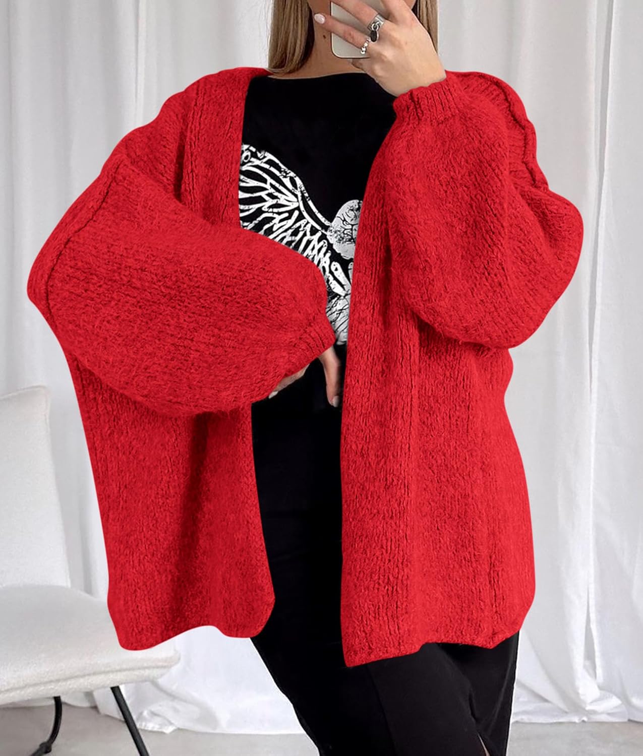 PRETTYGARDEN Womens Oversized Cardigan Sweaters 2026 Fall Long Lantern Sleeve Knit Open Front Lightweight Sweater - Image 6