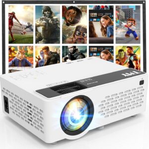 TMY 1080P Full HD Portable Mini Projector, Bluetooth Movie Projector, Compatible with TV Stick/Smartphone/PC/Game Console/HDMI/USB, Indoor & Outdoor Use, with Projector Screen