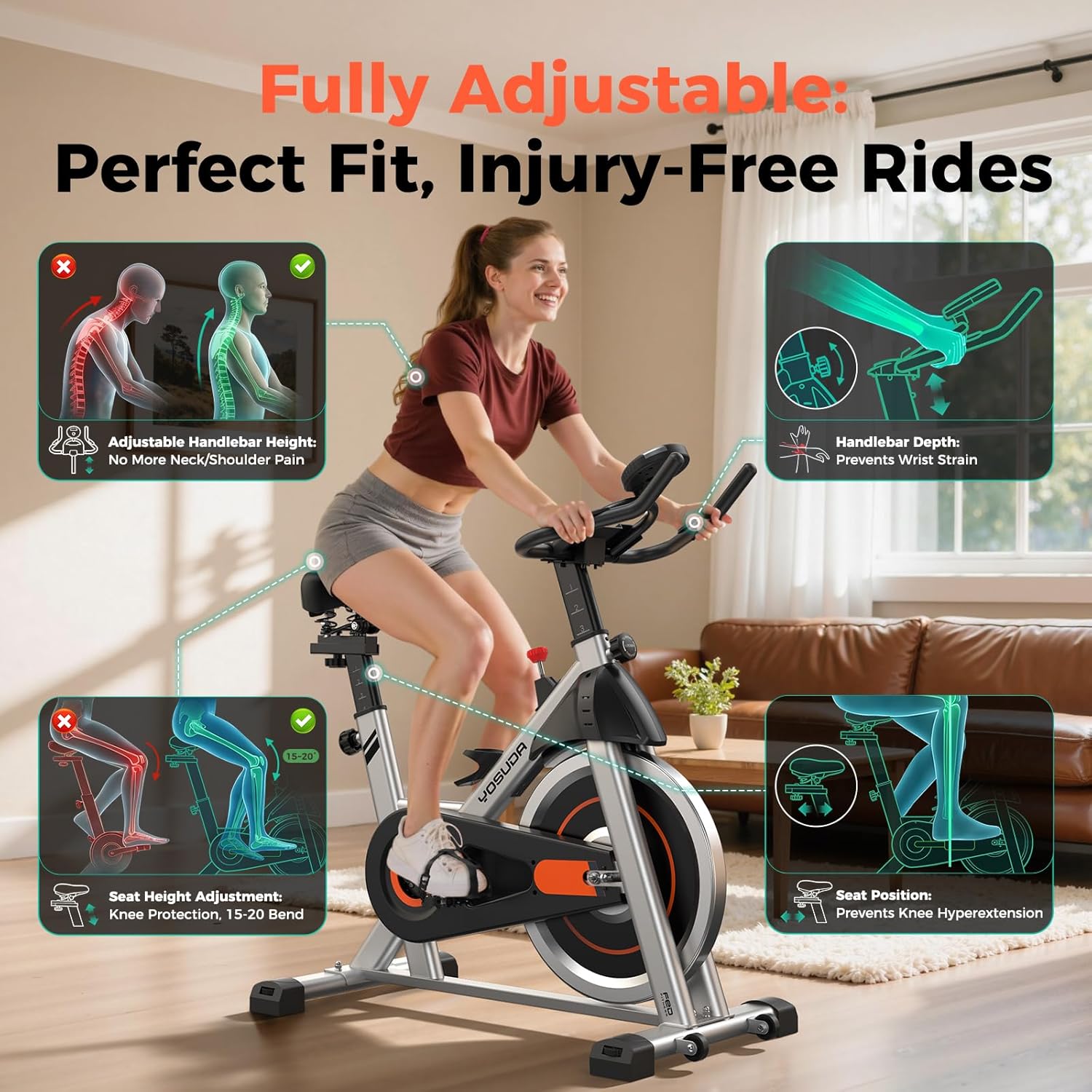 YOSUDA Exercise Bike, Brake Pad Stationary Bike for Home with Exclusive App, Magnetic Indoor Cycling Bike with 300 lb Weight Capacity, Low Noise, Tablet Holder and Fitness Courses for Weight Loss - Image 3