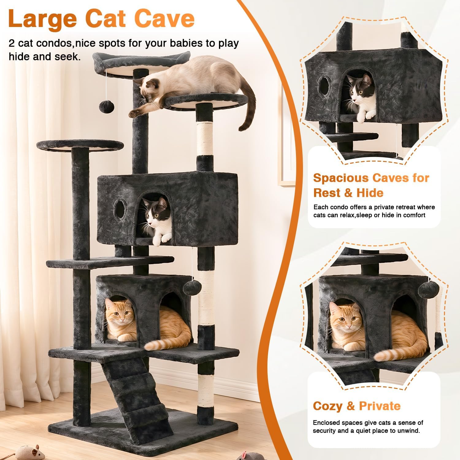 FDW | 54" Cat Tree Tower | Dark Gray | Multi-Level Indoor Activity Center with Sisal Scratching Posts, Condos, Plush Perches, Hanging Cat Toys | Sturdy, Easy to Assemble | for Kittens & Adult Cats - Image 5