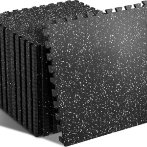 SUPERJARE 0.56” Thick 12 Pcs 48 Sq Ft Rubber Top Exercise Equipment Mats, High Density EVA Foam Mats with Rubber Top, Interlocking Gym Flooring for Home Gym, Protective Workout Mat, Black/Grey