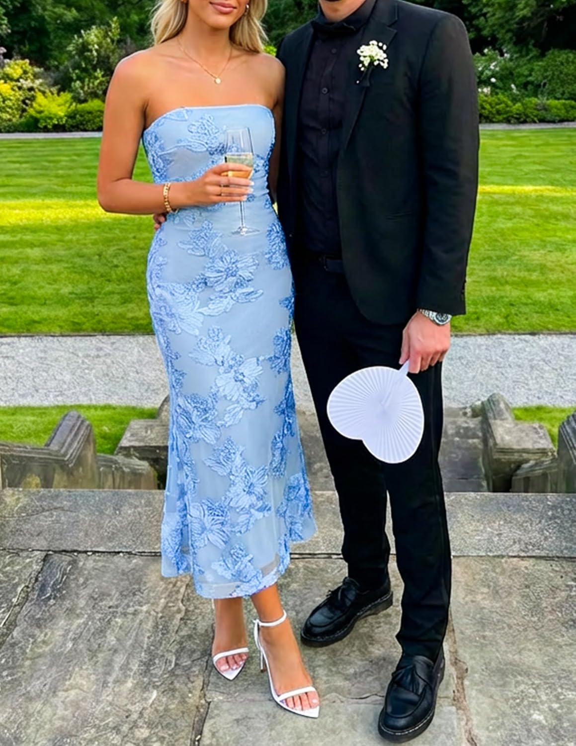 ZESICA Cocktail Wedding Guest Dresses for Women 2026 Summer Strapless Floral Bodycon Mesh Tube Formal Party Midi Dress - Image 3