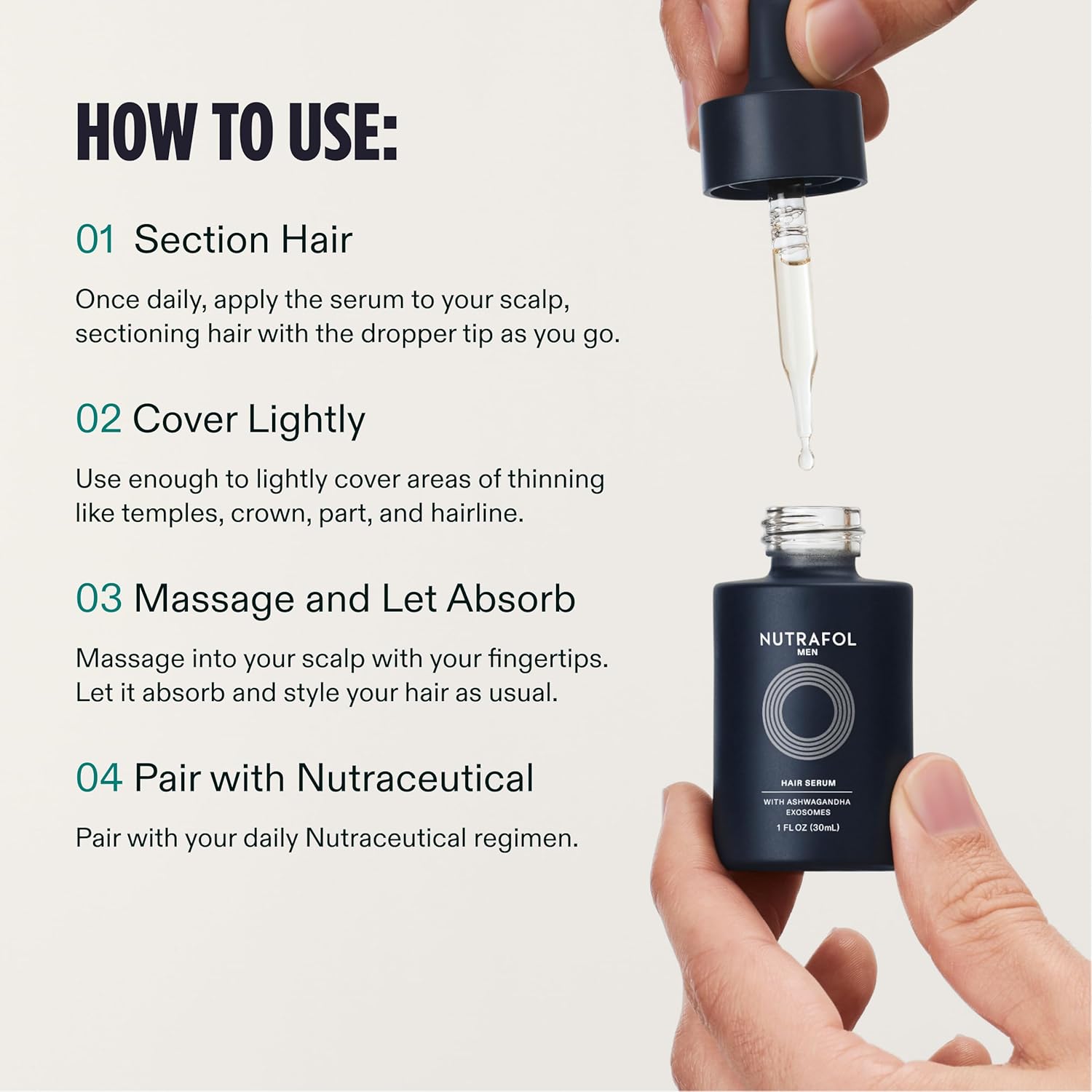 Nutrafol Men's Hair Serum, Clinically Tested to Support Visibly Thicker Hair and Scalp Coverage, Lightweight and Non-Greasy, for Daily Use - 30mL, 1 Bottle - Image 7