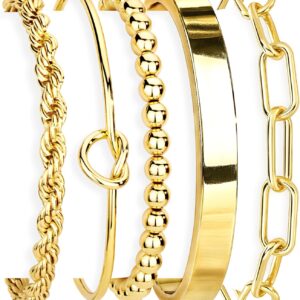 Gokeey Gold Bracelets Set for Women Non Tarnish, Waterproof 14K Gold Plated Sterling Silver Chunky Cuff Bracelet Stackable Gold Bangles Bracelet for Women Trendy Fashion Accessories Tie Knot Cuban Rope Paperclip Beaded Bracelet Stack Jewelry Mothers Day Gifts for Mom Birthday