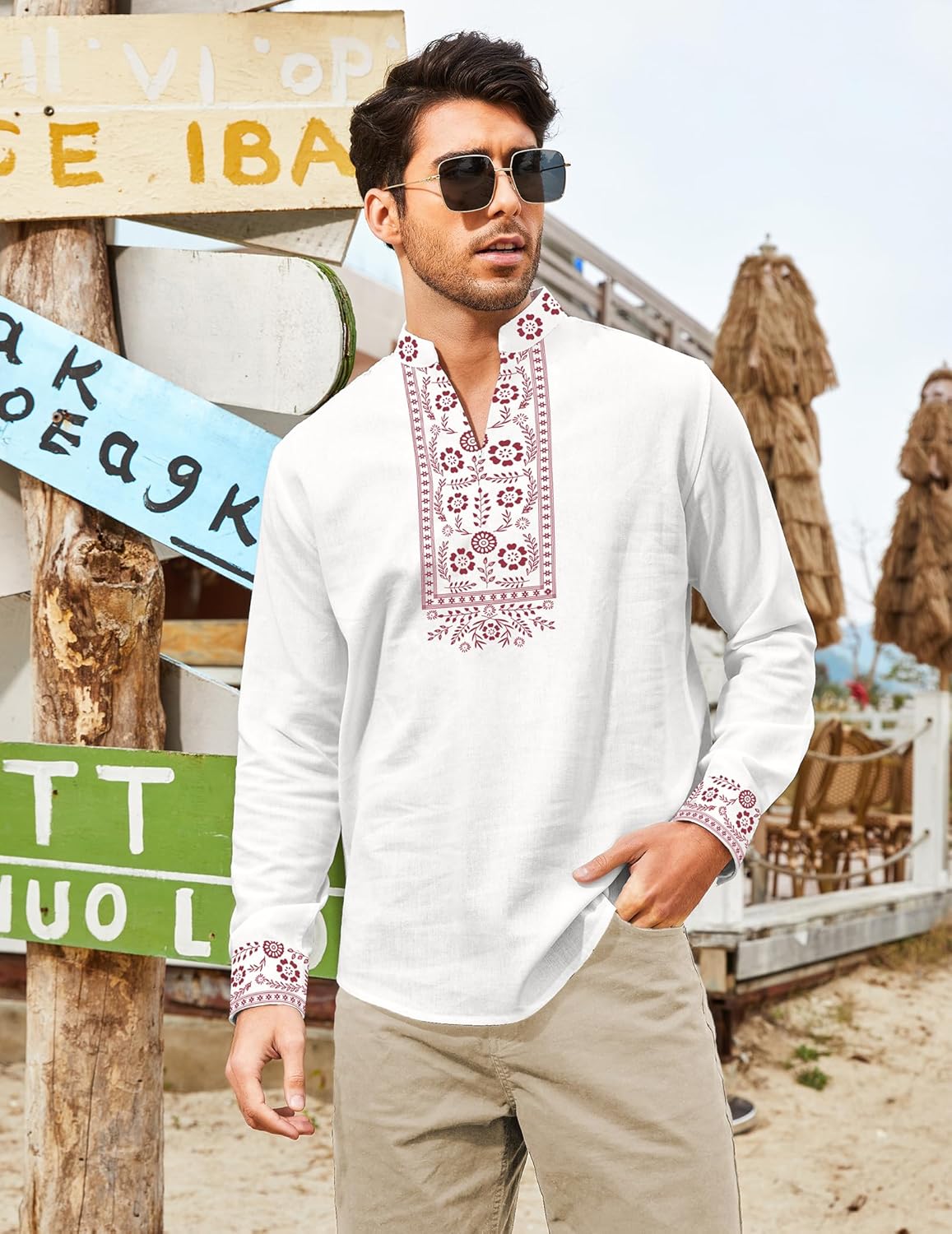 COOFANDY Men's Henley Shirt Vyshyvanka Long Sleeve African Print Shirts Casual Zip Up Cotton Linen Beach Hippie Shirt - Image 2