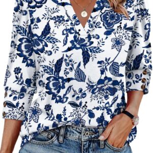 WIHOLL 3/4 Length Sleeve Womens Tops with Button Cuffs Dressy Casual V Neck Summer Outfits Early Fall Fashion Spring Clothes
