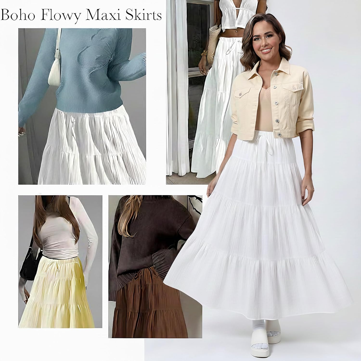 DERAX Women's Boho Flowy White Maxi Skirt Flared Ruffle Elastic Waist Summer A Line 2026 Spring Long Skirts - Image 4