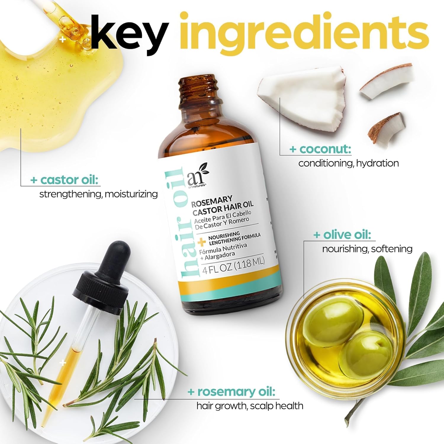 ArtNaturals Organic Rosemary Castor Hair Growth Tonic Oil + Massager Hair Regrowth Set, 4 oz with Coconut & Olive Oil, Scalp Treatment for Dry, Damaged & Split Ends - Image 5