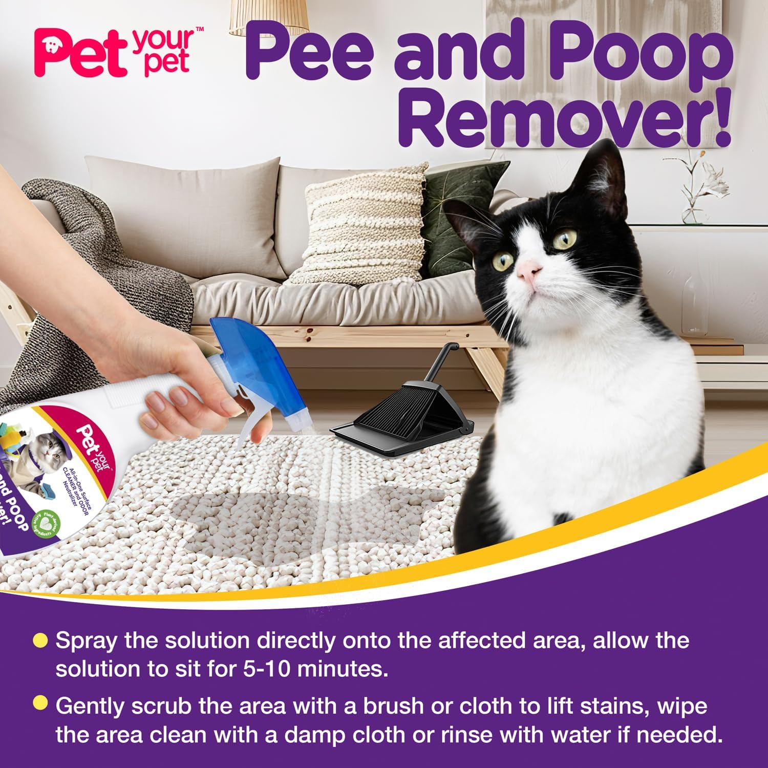 Cat Pee and Poop Remover 16 fl Oz – All-in-One Pet Stain and Odor Remover with Plant-Derived Ingredients – Stain and Odor Removers for Upholstery, Carpets & Hard Floors - Image 5