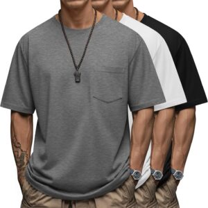 Ficerd 3 Pack Men’s Big and Tall T-Shirt, Short Sleeve Pocket Basic Tee Crew Neck Lightweight Tops Solid Loose Fit Shirts