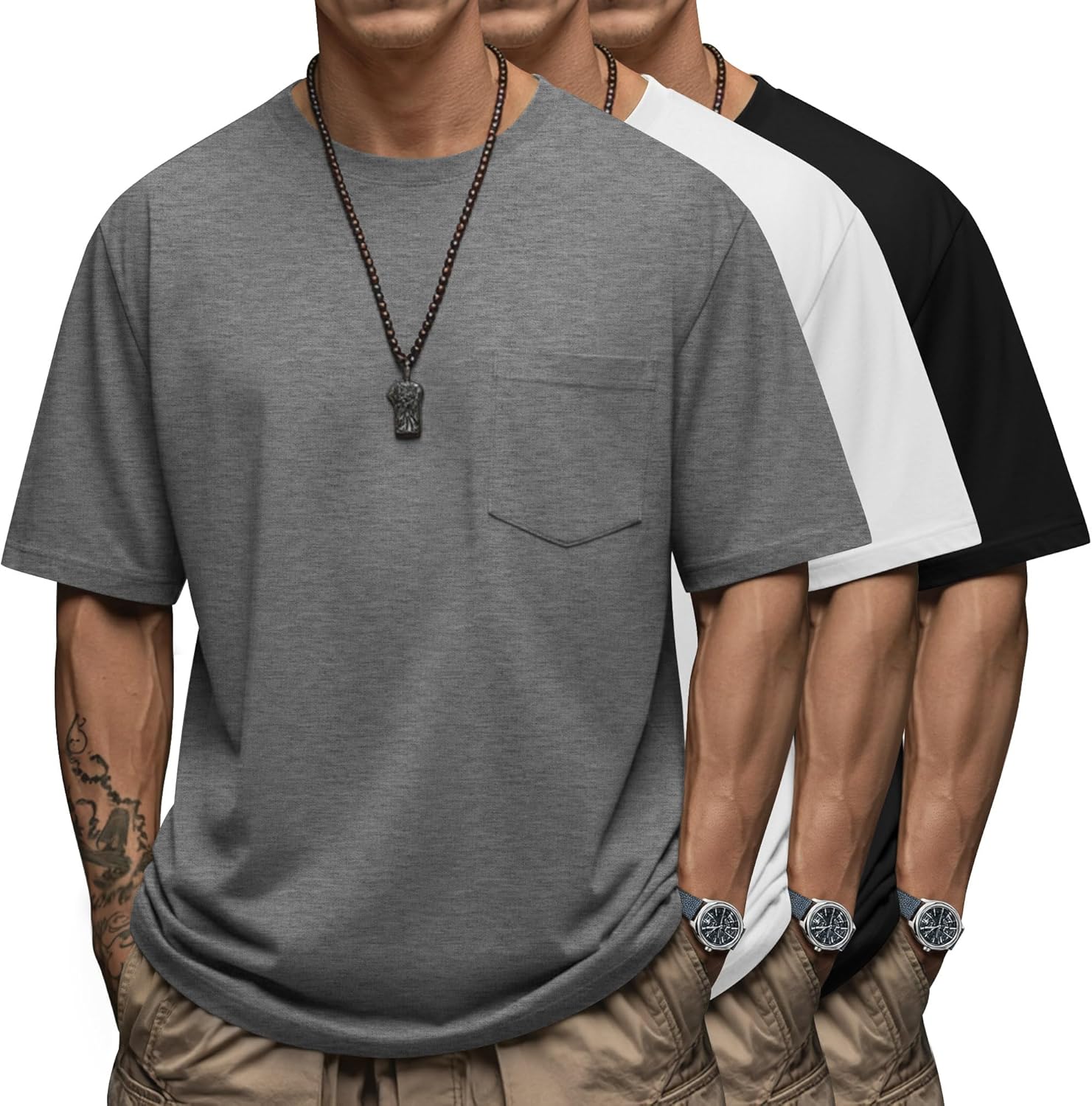 Ficerd 3 Pack Men's Big and Tall T-Shirt, Short Sleeve Pocket Basic Tee Crew Neck Lightweight Tops Solid Loose Fit Shirts