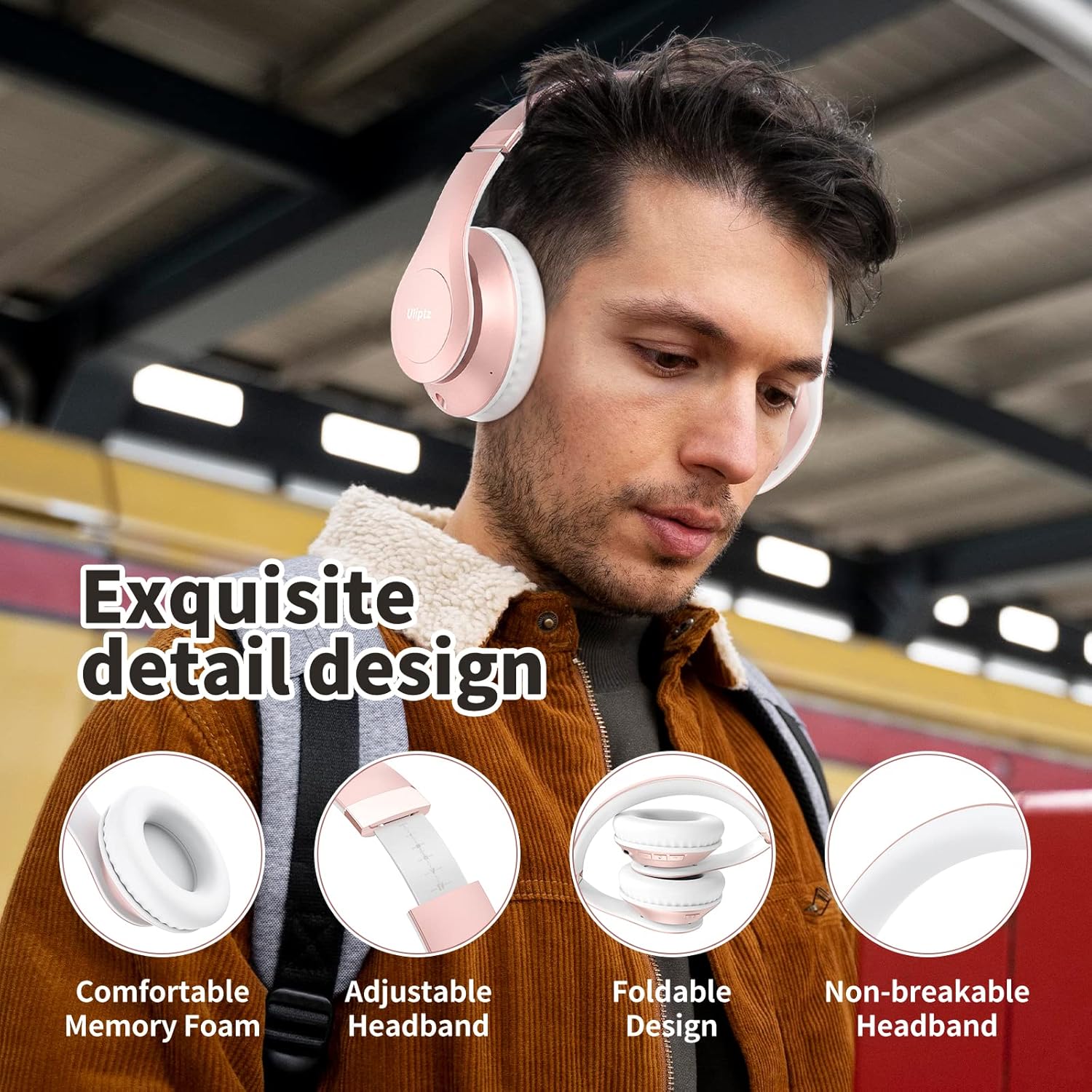 Uliptz Wireless Bluetooth Headphones, 65H Playtime, 6EQ Sound Modes, HiFi Stereo Over Ear Headphones with Microphone, Foldable Bluetooth 6.0 Headphone for Travel/Office/Cellphone/PC (Rose Gold) - Image 4
