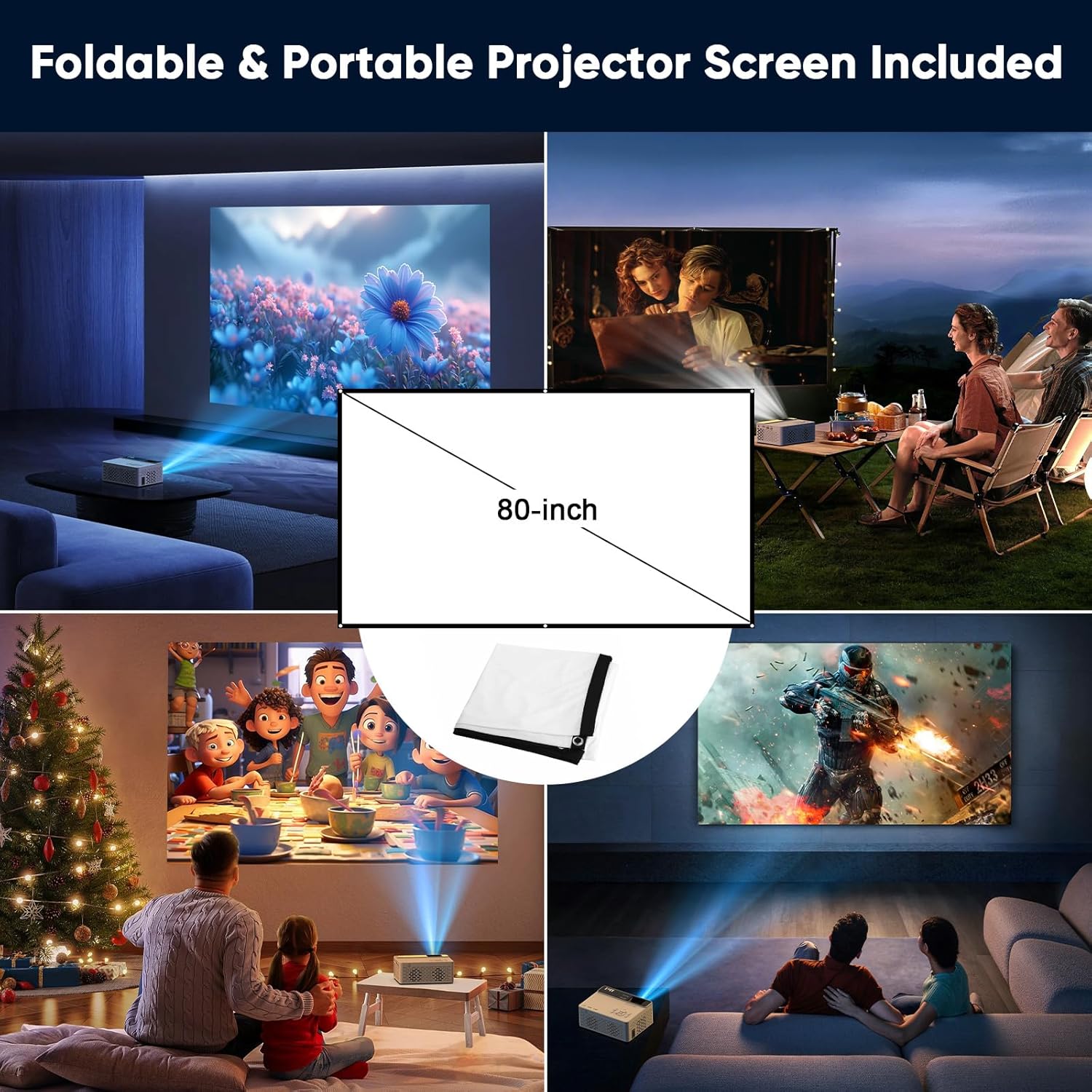 TMY 1080P Full HD Portable Mini Projector, Bluetooth Movie Projector, Compatible with TV Stick/Smartphone/PC/Game Console/HDMI/USB, Indoor & Outdoor Use, with Projector Screen - Image 2
