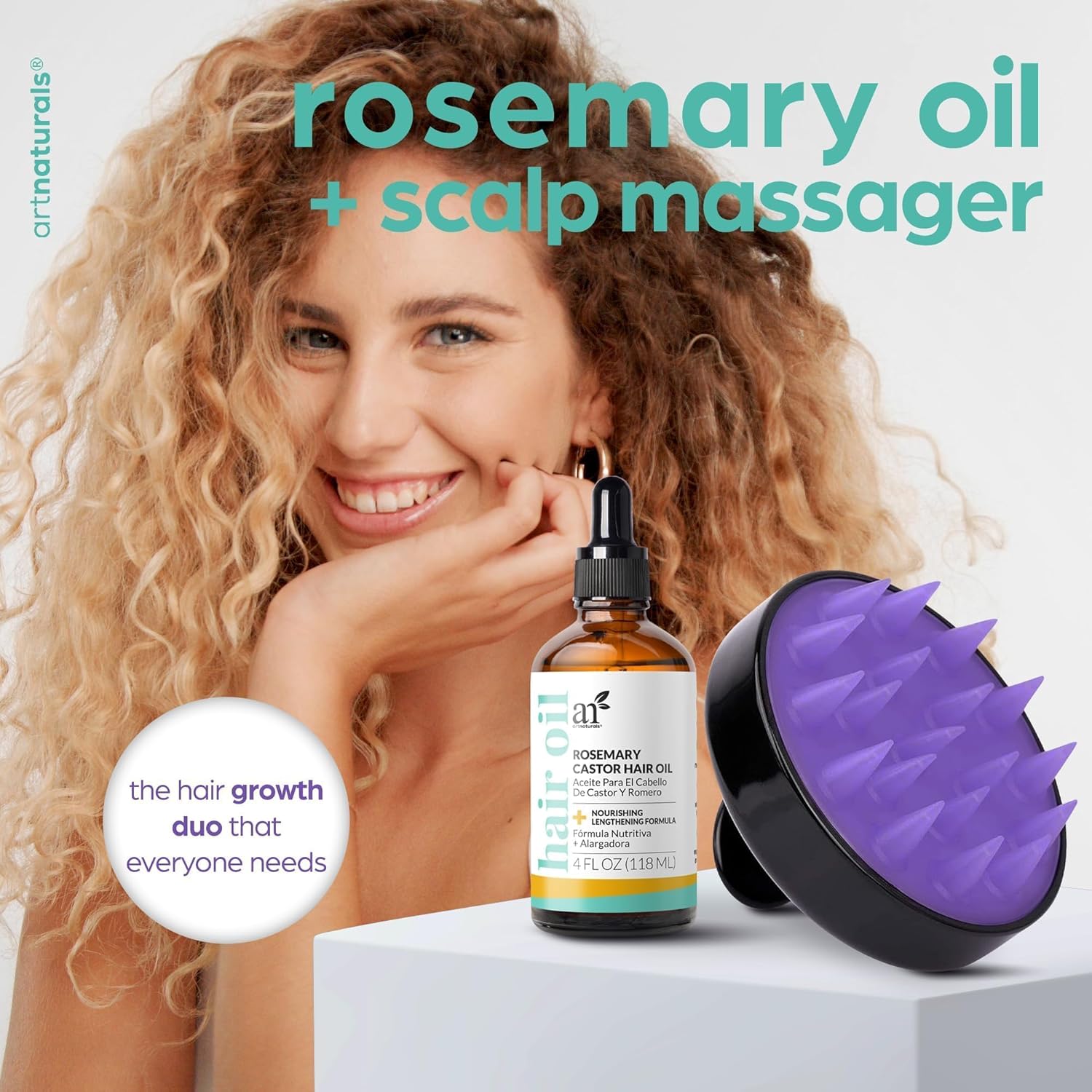ArtNaturals Organic Rosemary Castor Hair Growth Tonic Oil + Massager Hair Regrowth Set, 4 oz with Coconut & Olive Oil, Scalp Treatment for Dry, Damaged & Split Ends - Image 2