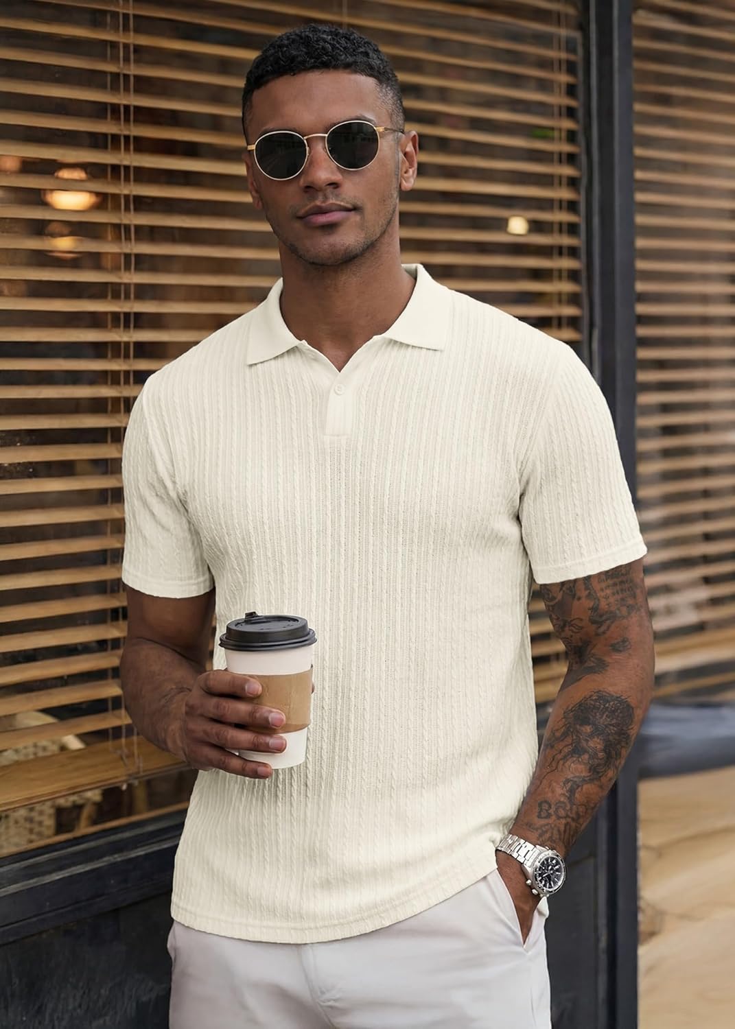 JMIERR Mens Casual Polo Shirt Summer Short Sleeve Vacation Button Beach Knit Stretchy Golf Shirts - Image 3