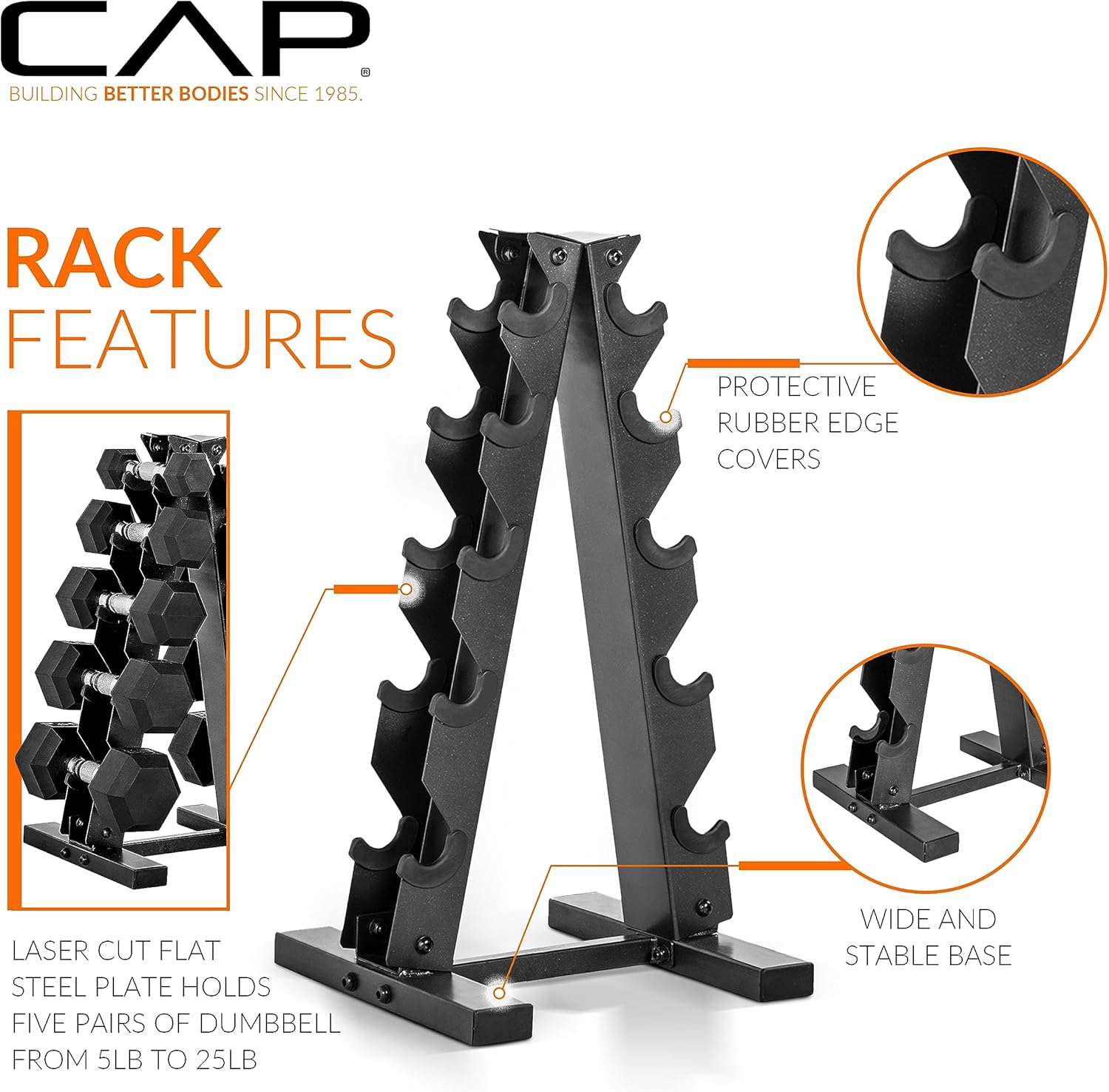 CAP Rubber Coated Hex Dumbbell Set with Storage Rack | 100–210 lb Options, Space-Saving Vertical Compact Storage for Home Gym Strength Training - Image 4