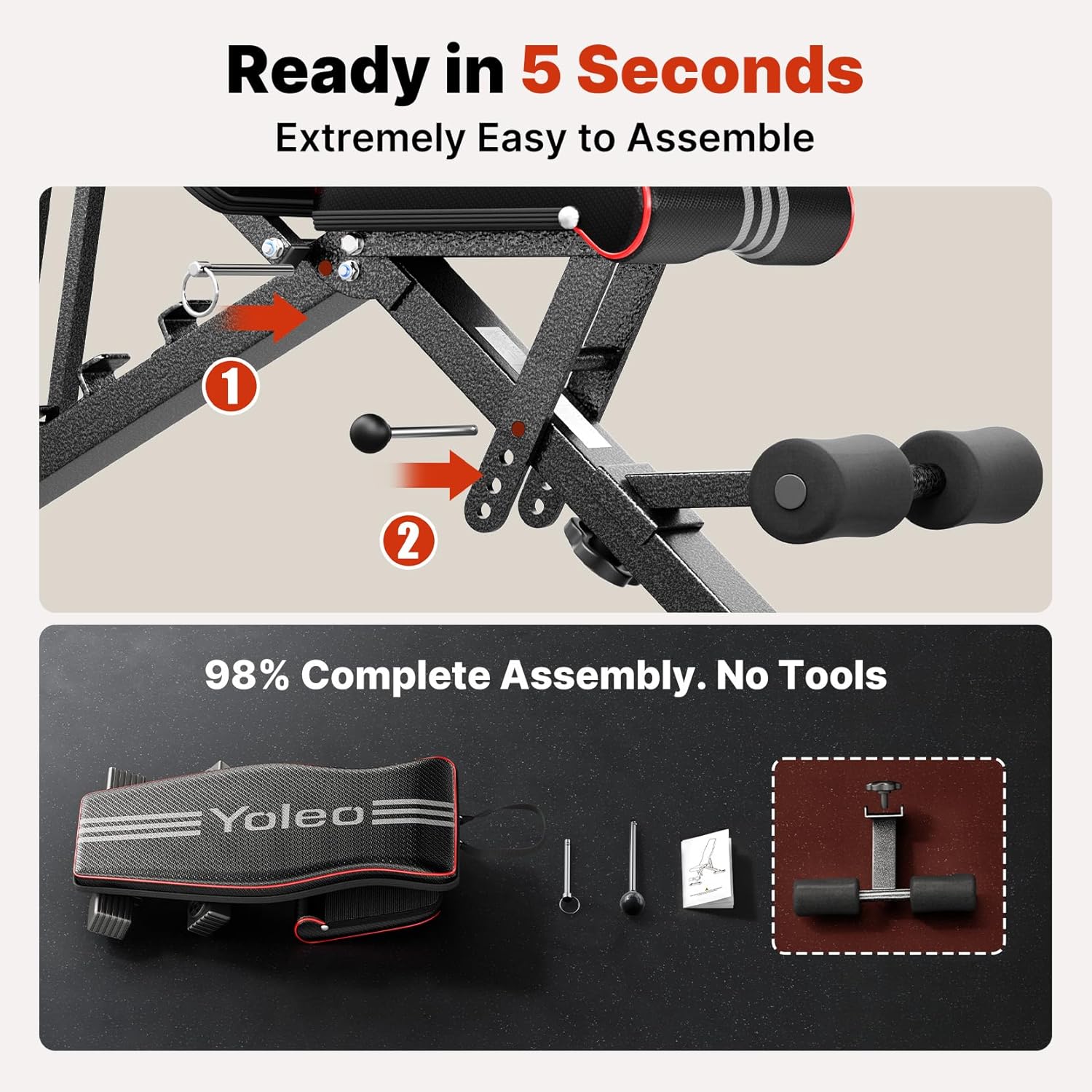 YOLEO Adjustable Weight Bench for Home Gym, ASTM-Certified 827LBS, 98% Pre-Assembled, Foldable Gym Bench with 84 Positions Incline Decline Flat, Wider Seat - Image 3