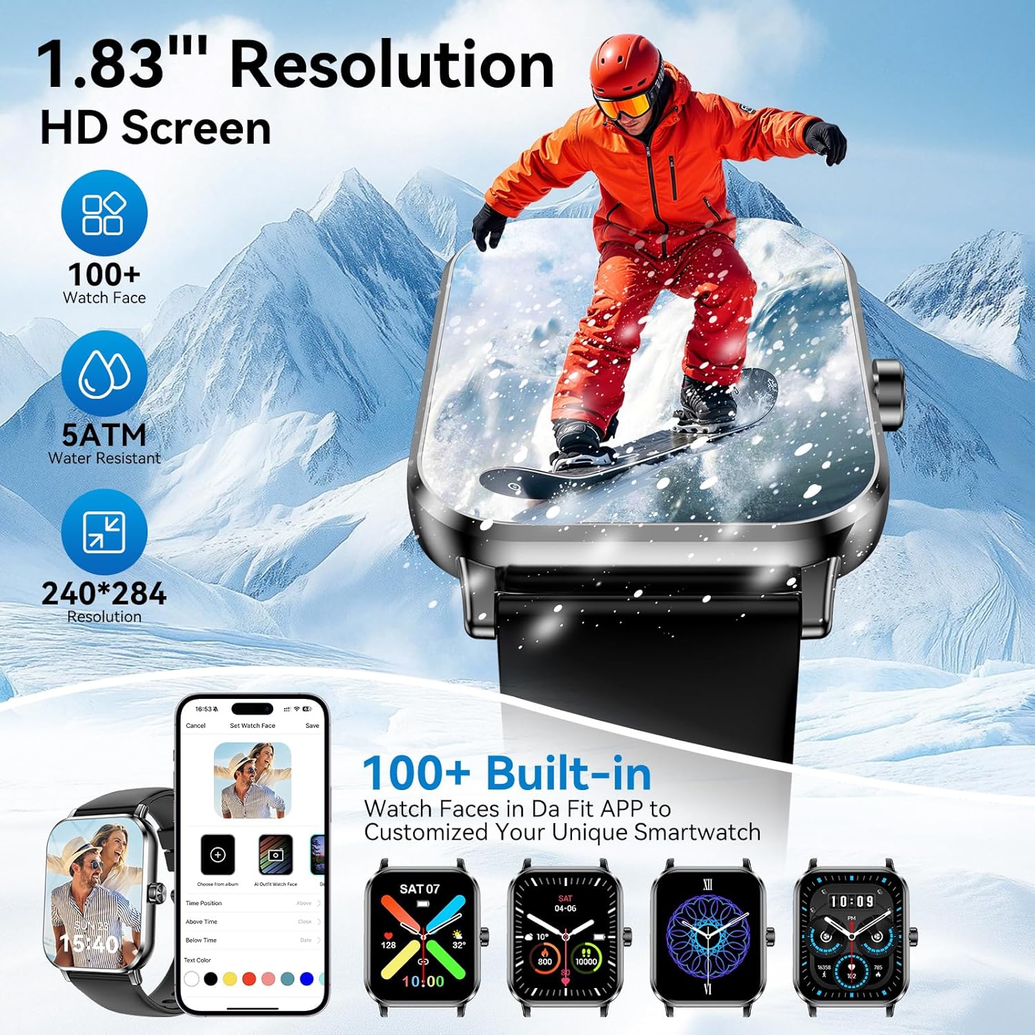 Smart Watch for Men Women, 1.83" HD Touch Screen Smartwatch with Bluetooth Call, 5 ATM Waterproof, 130+ Sport Modes Fitness Tracker Heart Rate Sleep Monitor Pedometer, Compatible with Android iPhone - Image 2