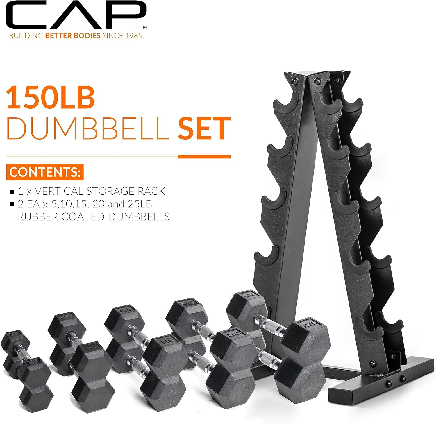 CAP Rubber Coated Hex Dumbbell Set with Storage Rack | 100–210 lb Options, Space-Saving Vertical Compact Storage for Home Gym Strength Training - Image 2