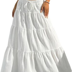 DERAX Women’s Boho Flowy White Maxi Skirt Flared Ruffle Elastic Waist Summer A Line 2026 Spring Long Skirts
