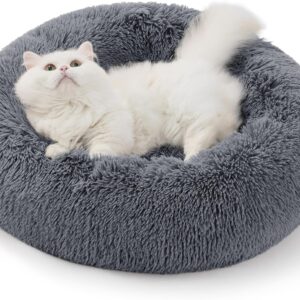 Bedsure Calming Donut Cat Bed – Fluffy Plush Round Pet Bed for Kitten & Puppy, Washable Anti-Anxiety Soft Comfy Cuddler, 20×20 Inches, Grey (Basic Version)