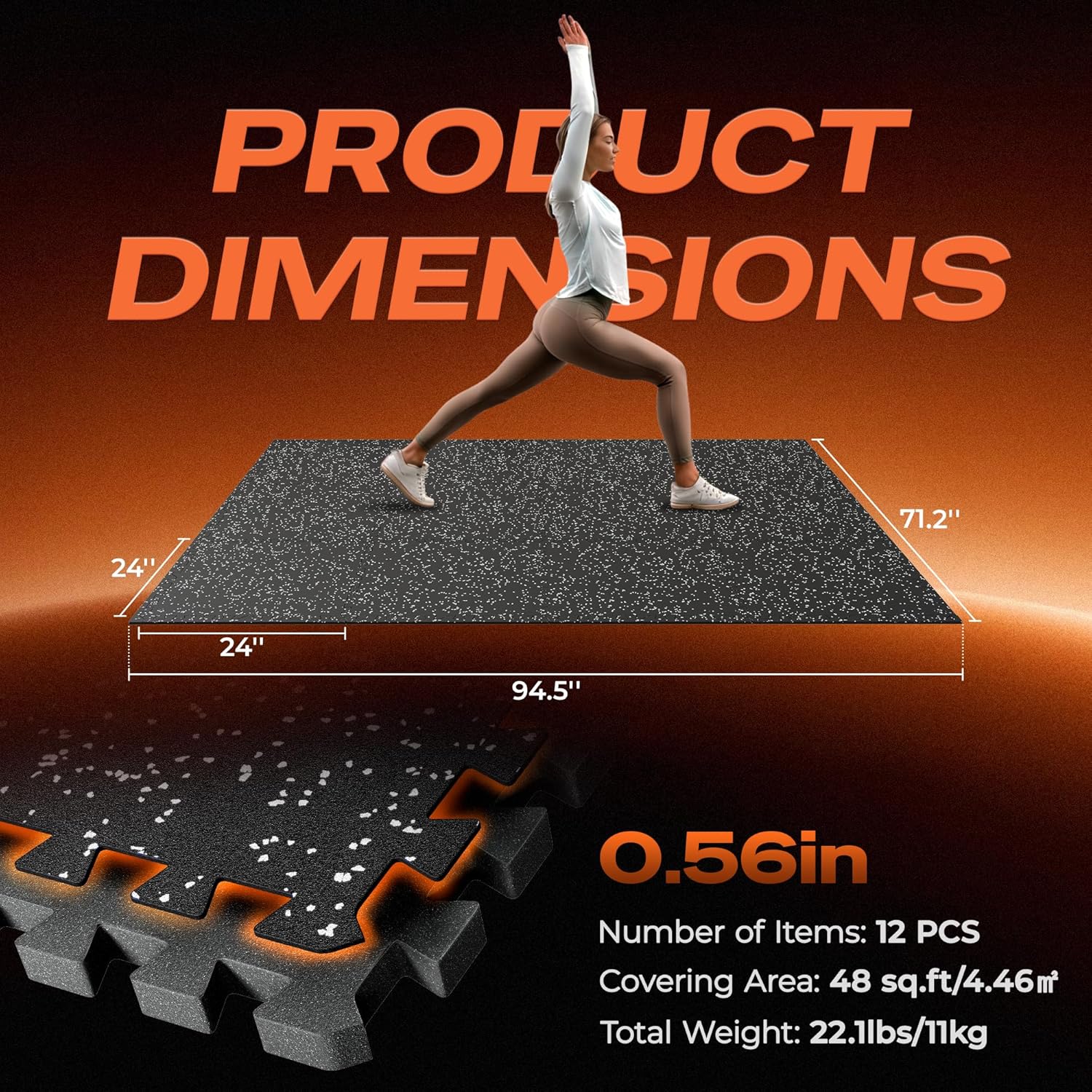 SUPERJARE 0.56'' Thick 12 Pcs 48 Sq Ft Rubber Top Exercise Equipment Mats, High Density EVA Foam Mats with Rubber Top, Interlocking Gym Flooring for Home Gym, Protective Workout Mat, Black/Grey - Image 7