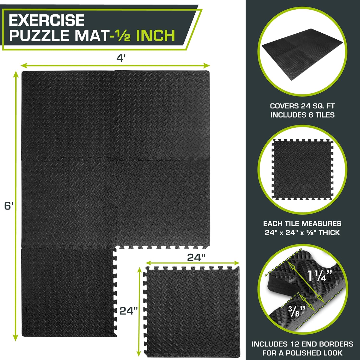 ProsourceFit Exercise Puzzle Mat ½-inch, EVA Interlocking Foam Floor Tiles for Home Gym, Workout Equipment, Kids Play Areas, Black, 24 SQ FT - 6 Tiles - Image 2